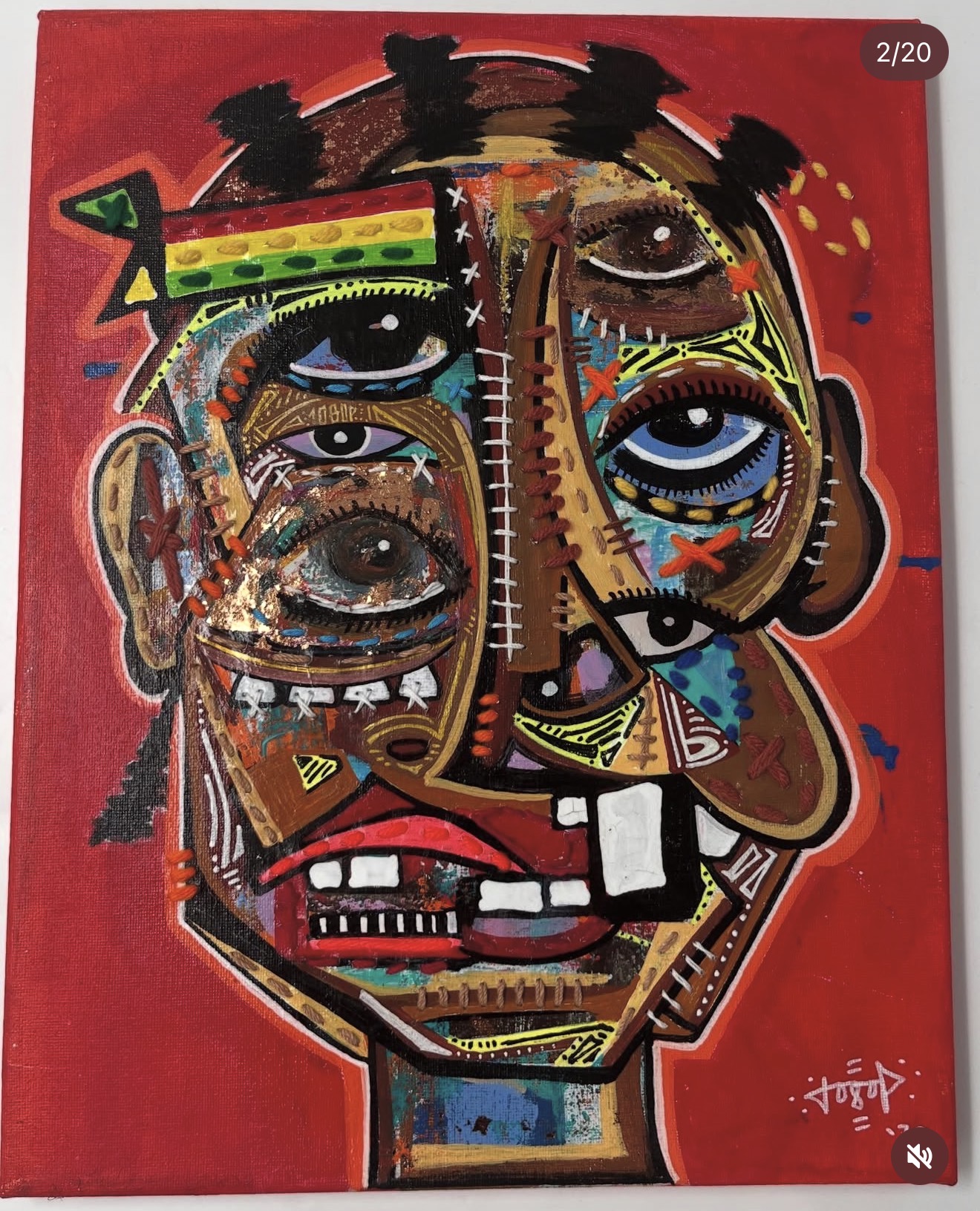 Vibrant contemporary African portrait painting on red canvas