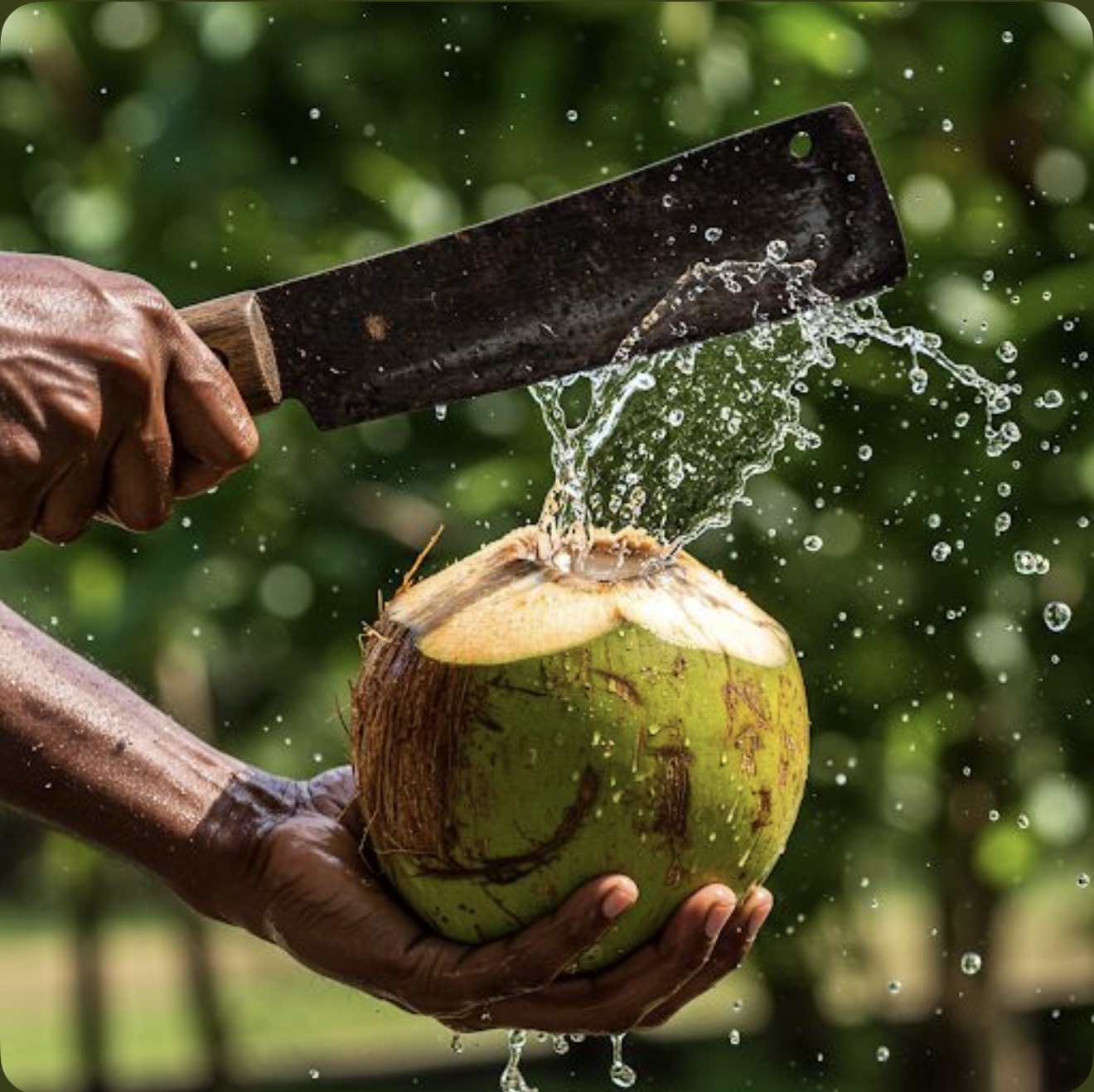 Machete cracking open a fresh green coconut with water splashing